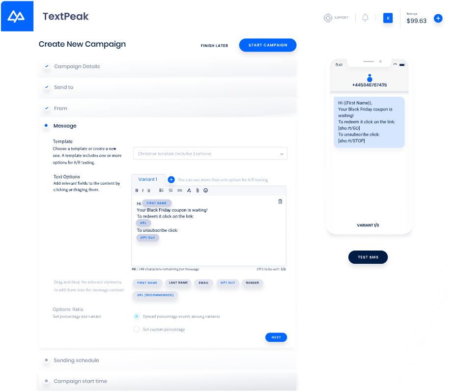 textpeak sms marketing platform product screen